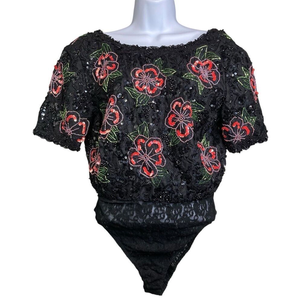 Vintage Bill Blass Evening Women's Black Bodysuit Size M Sequins Beaded Dressy